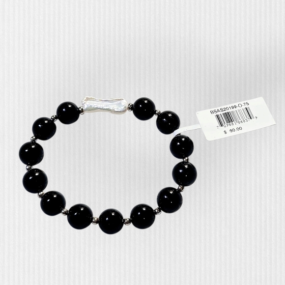 NWT Macy's Biwa Freshwater Pearl Stretch Bracelet Genuine Stone Bead Onyx - Picture 3 of 5